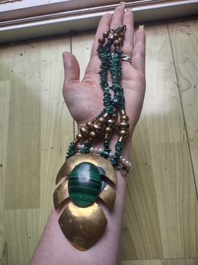 Green Malachite Pendant Necklace with Brass Accents